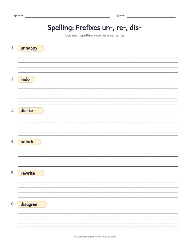 4th grade spelling worksheet for writing sentences with the prefixes un-, re- and dis-