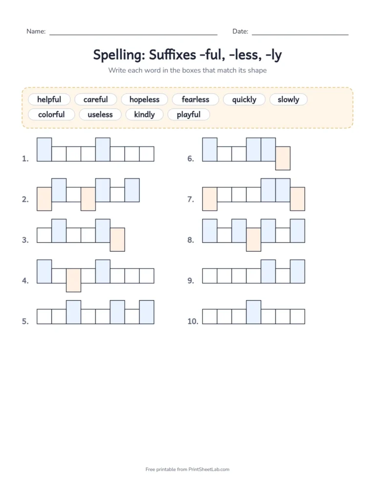 4th grade spelling list word shape boxes for the suffixes -ful, -less and -ly