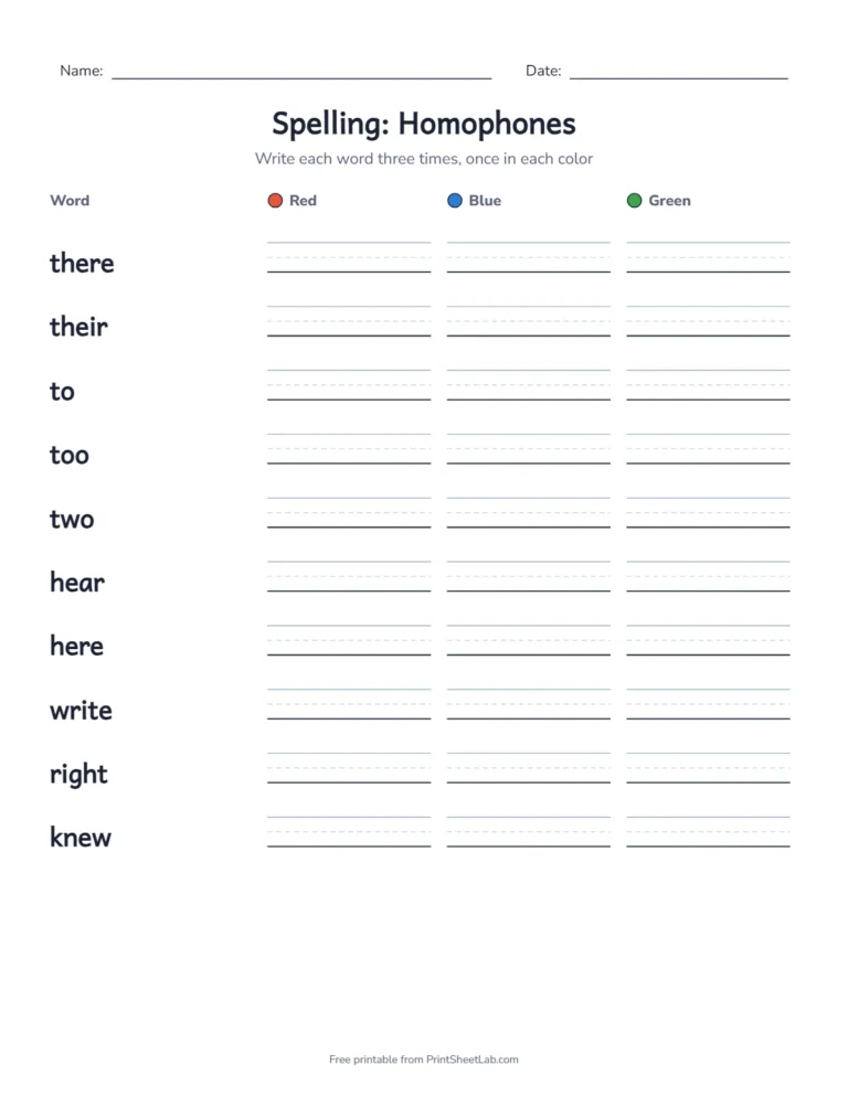 4th grade spelling words: a practice packet for the homophones list with rainbow writing and a test