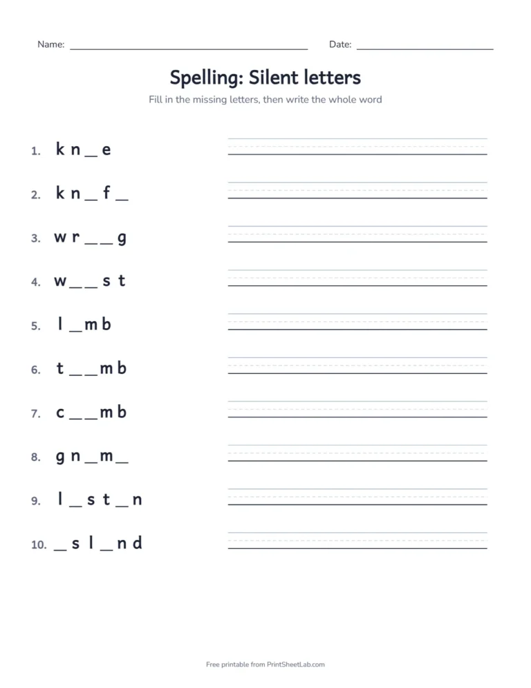 Spelling practice 4th grade worksheet with missing letters for the silent letters list