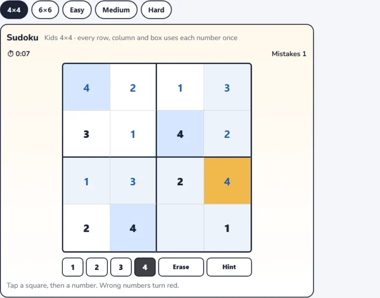 Kids sudoku online 4x4 grid that is nearly solved with the number keypad and hint button below