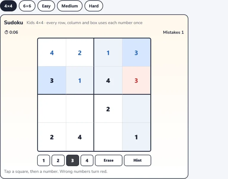 4x4 sudoku online game for kids with one wrong number shown in red and the mistakes counter at 1