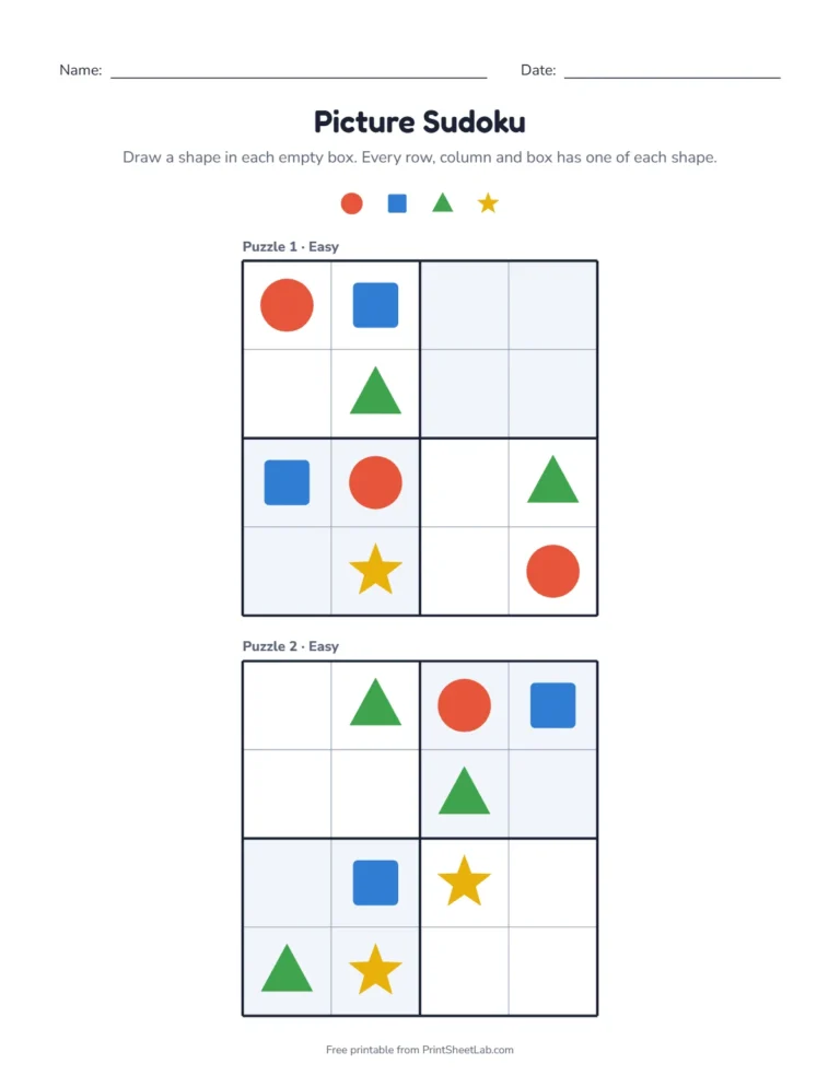 Beginner sudoku for kids printable with a circle, square, triangle and star in a 4x4 picture sudoku