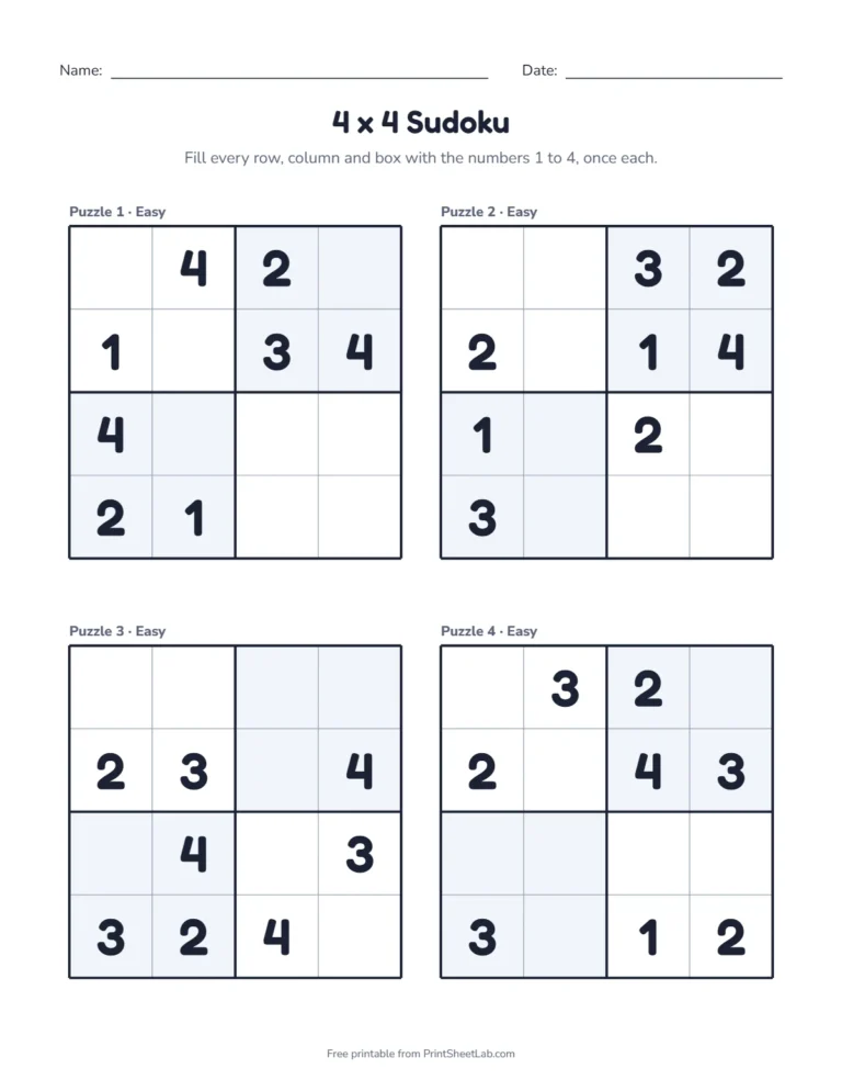 4x4 sudoku printable page with four easy sudoku for kids puzzles using the numbers 1 to 4