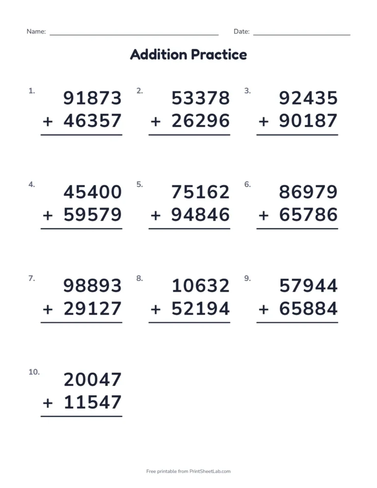 5 digit addition worksheet with 10 problems of two five-digit numbers