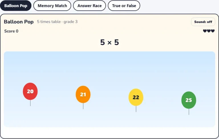 5 times table game Balloon Pop with balloons showing possible answers to a multiplication by 5 question