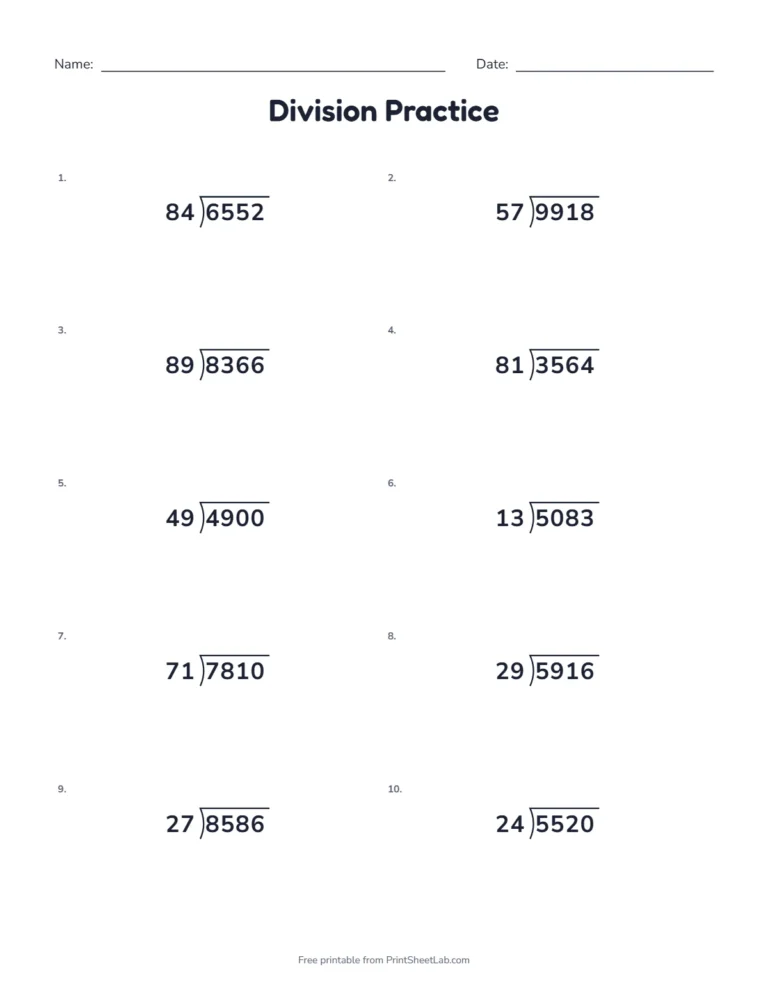 Fifth grade math worksheets: long division with 2-digit divisors
