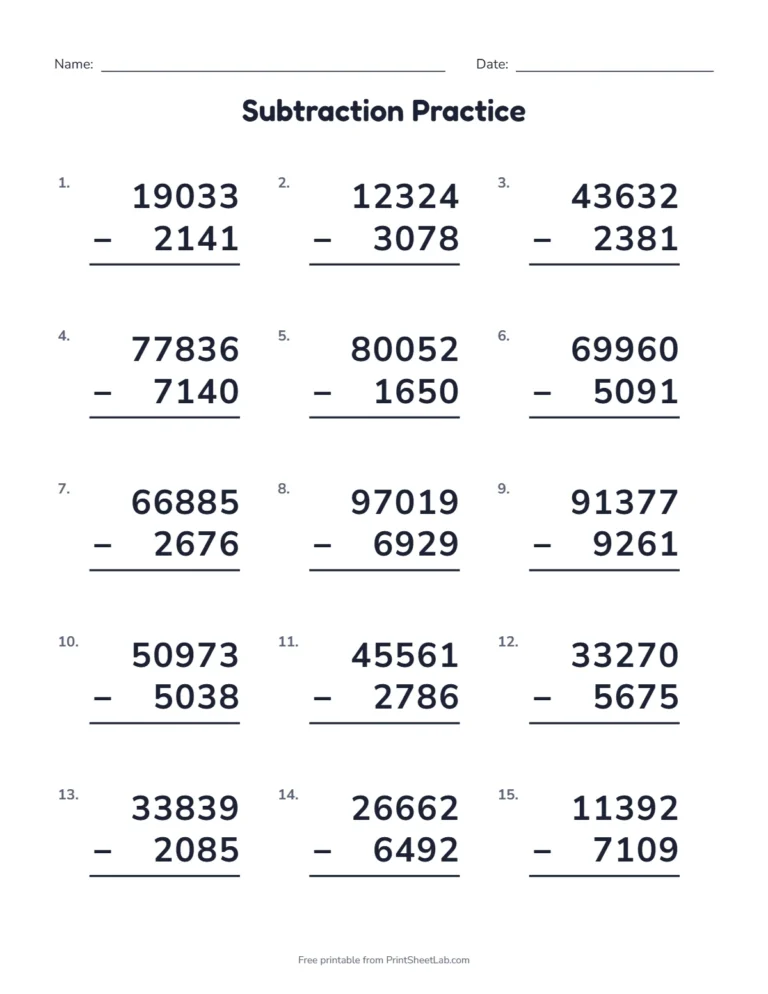 Math worksheets for 5th graders: multi-digit subtraction with regrouping