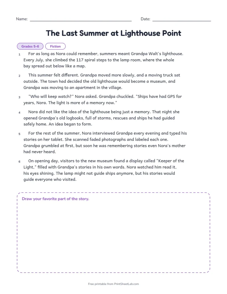5th and 6th grade reading comprehension worksheets: the story The Last Summer at Lighthouse Point