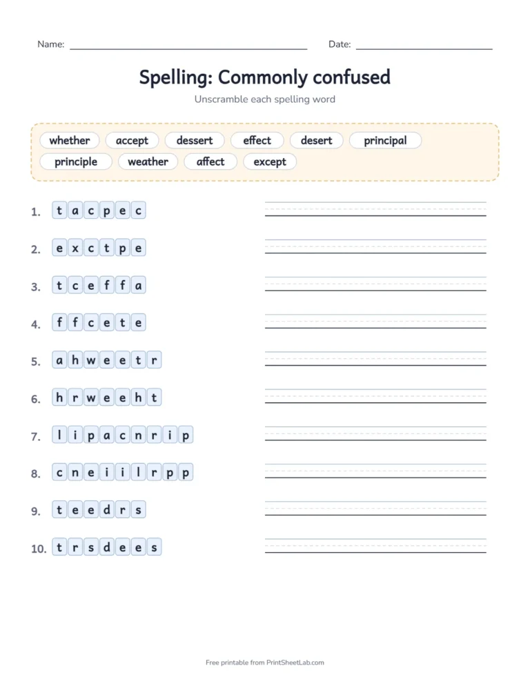 5th grade spelling list word scramble with a word bank for the commonly confused words