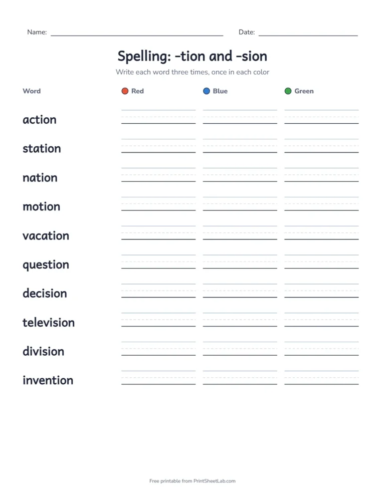 5th grade spelling words: a practice packet for the -tion and -sion list with rainbow writing and a test
