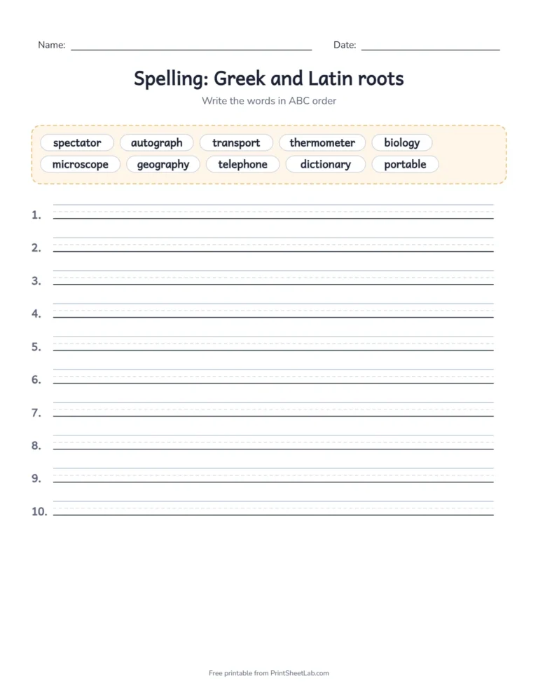 5th grade spelling worksheet with ABC order for the Greek and Latin roots list