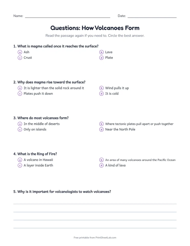 6th grade reading comprehension questions for the nonfiction passage How Volcanoes Form