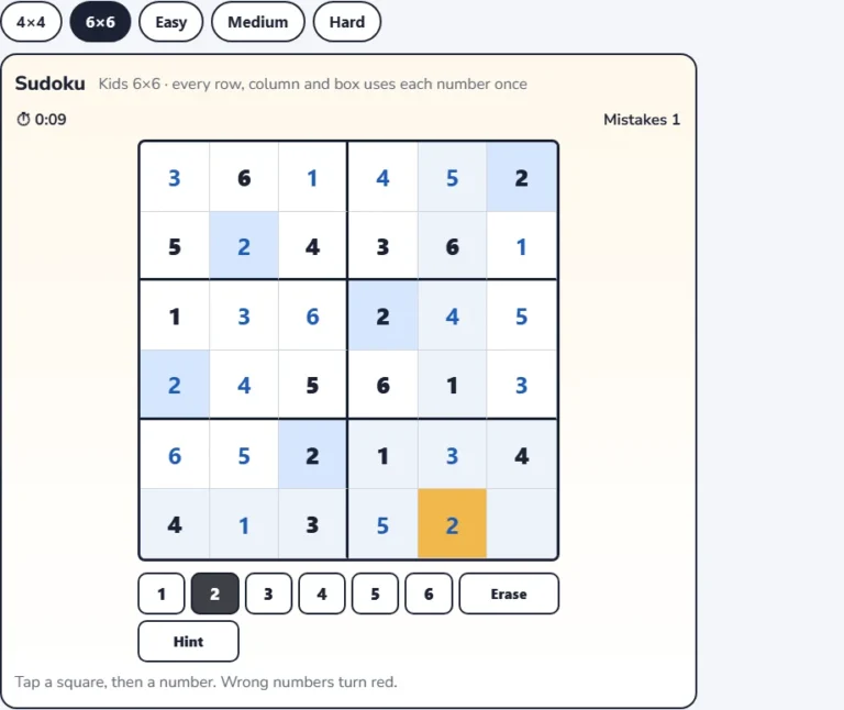 Medium kids sudoku 6x6 grid that is nearly solved with the number keypad and hint button below