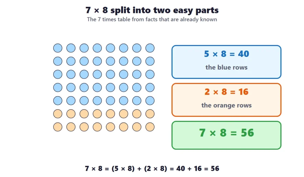 7 times table worksheets: an array of 7 rows and 8 columns of dots split into two easy parts