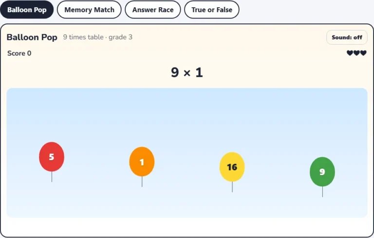 9 times table game Balloon Pop with balloons showing possible answers to a multiplication by 9 question