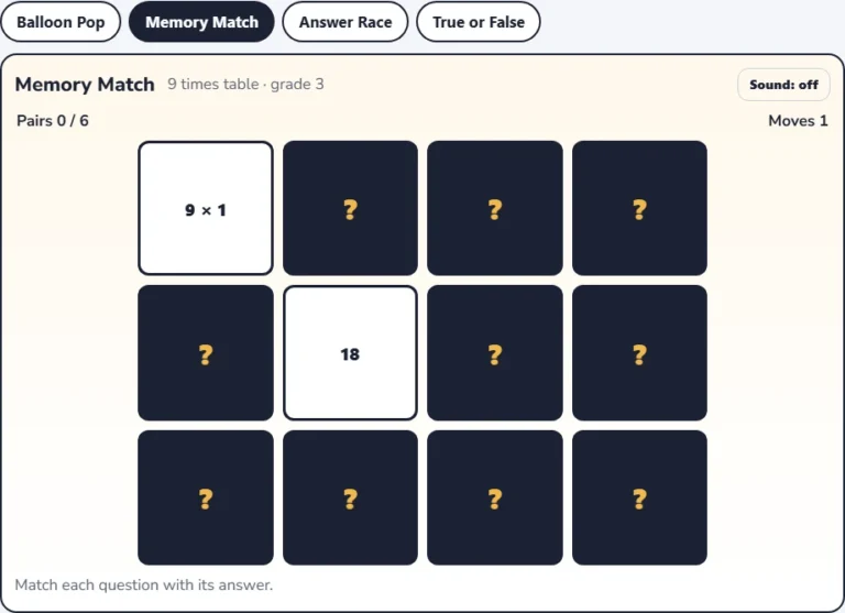 9 times table practice in Memory Match with two cards flipped to pair a fact with its answer