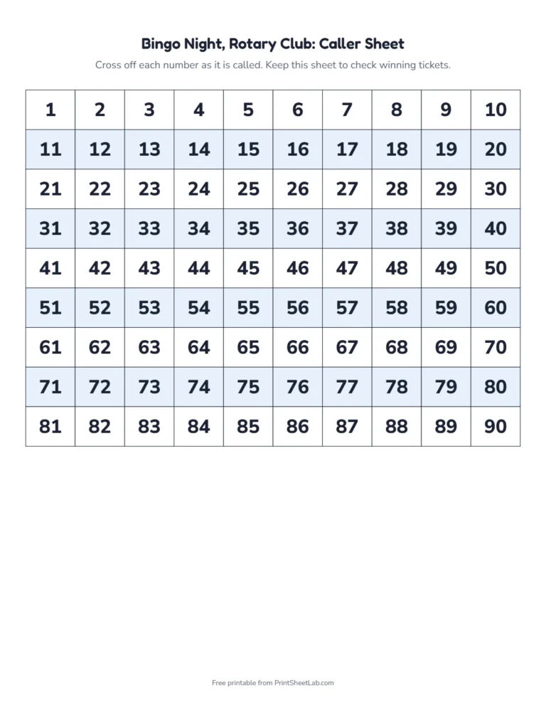 90 ball bingo cards caller sheet: a 1 to 90 number grid to cross off as you call