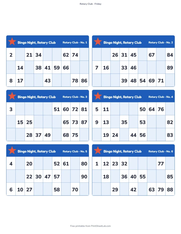 90 ball bingo cards: printable tickets titled Bingo Night, Rotary Club