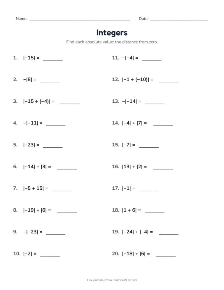 Absolute value worksheet with integers and an answer key