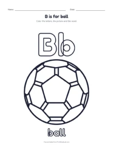 Letter B coloring page: B is for ball printable worksheet for preschool and kindergarten
