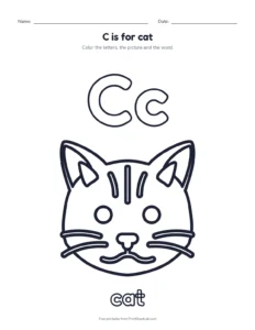 Letter C coloring page: C is for cat printable worksheet for preschool and kindergarten
