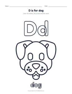 Letter D coloring page: D is for dog printable worksheet for preschool and kindergarten