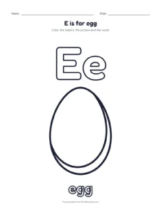 Letter E coloring page: E is for egg printable worksheet for preschool and kindergarten