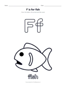 Letter F coloring page: F is for fish printable worksheet for preschool and kindergarten