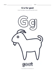 Letter G coloring page: G is for goat printable worksheet for preschool and kindergarten