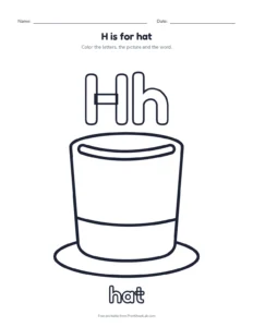 Letter H coloring page: H is for hat printable worksheet for preschool and kindergarten