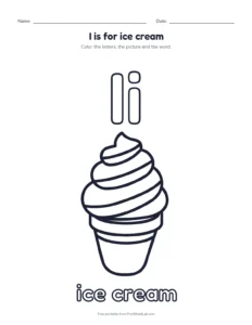 Letter I coloring page: I is for ice cream printable worksheet for preschool and kindergarten