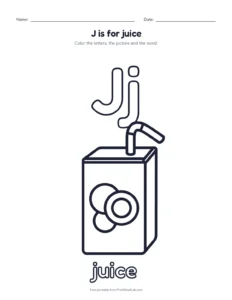 Letter J coloring page: J is for juice printable worksheet for preschool and kindergarten