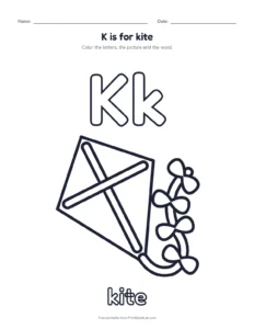 Letter K coloring page: K is for kite printable worksheet for preschool and kindergarten