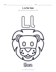 Letter L coloring page: L is for lion printable worksheet for preschool and kindergarten