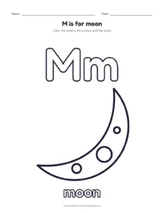 Letter M coloring page: M is for moon printable worksheet for preschool and kindergarten