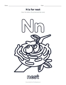 Letter N coloring page: N is for nest printable worksheet for preschool and kindergarten
