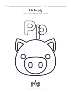 Letter P coloring page: P is for pig printable worksheet for preschool and kindergarten