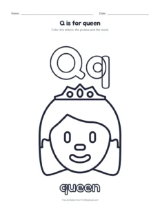 Letter Q coloring page: Q is for queen printable worksheet for preschool and kindergarten