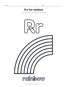 Letter R coloring page: R is for rainbow printable worksheet for preschool and kindergarten