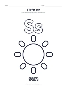 Letter S coloring page: S is for sun printable worksheet for preschool and kindergarten