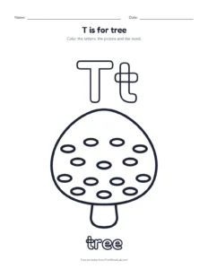 Letter T coloring page: T is for tree printable worksheet for preschool and kindergarten
