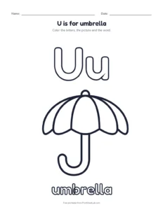 Letter U coloring page: U is for umbrella printable worksheet for preschool and kindergarten