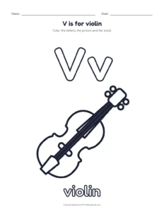 Letter V coloring page: V is for violin printable worksheet for preschool and kindergarten