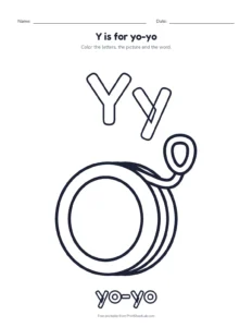 Letter Y coloring page: Y is for yo-yo printable worksheet for preschool and kindergarten