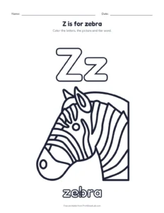 Letter Z coloring page: Z is for zebra printable worksheet for preschool and kindergarten