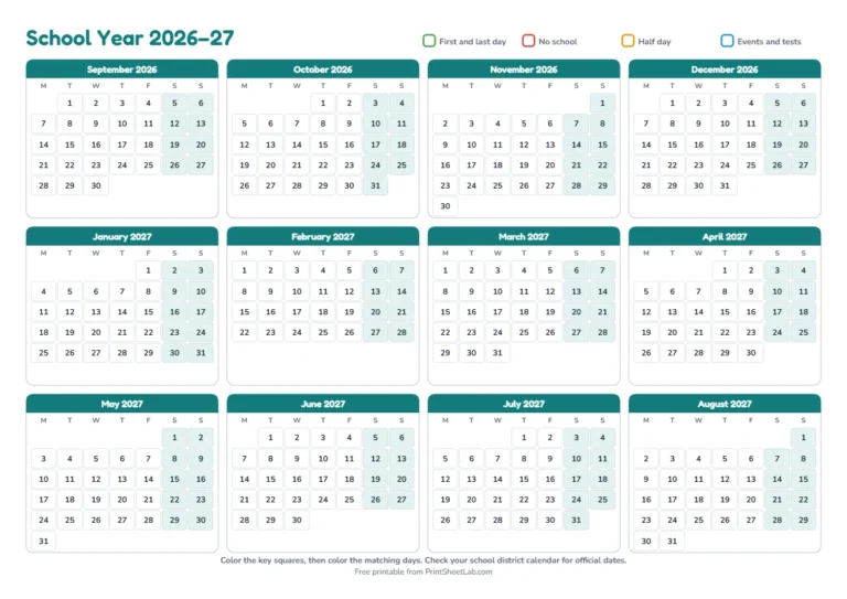 Academic calendar 2026-2027 printable with a September start and Monday first, on A4