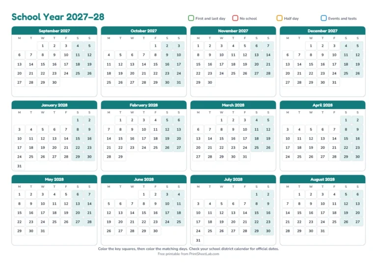 Academic calendar 2027-2028 printable with a September start and Monday first, on A4