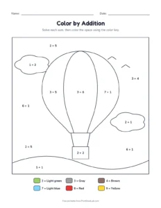 Color by addition to 10: hot air balloon printable worksheet for kindergarten and grade 1
