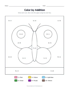Color by addition to 10: butterfly printable worksheet for kindergarten and grade 1